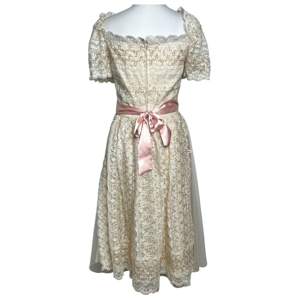 Vintage Ivory Lace Dress Sequin Square Neck Fit & Flare Bridal by Lillie Rubin - Picture 4 of 10